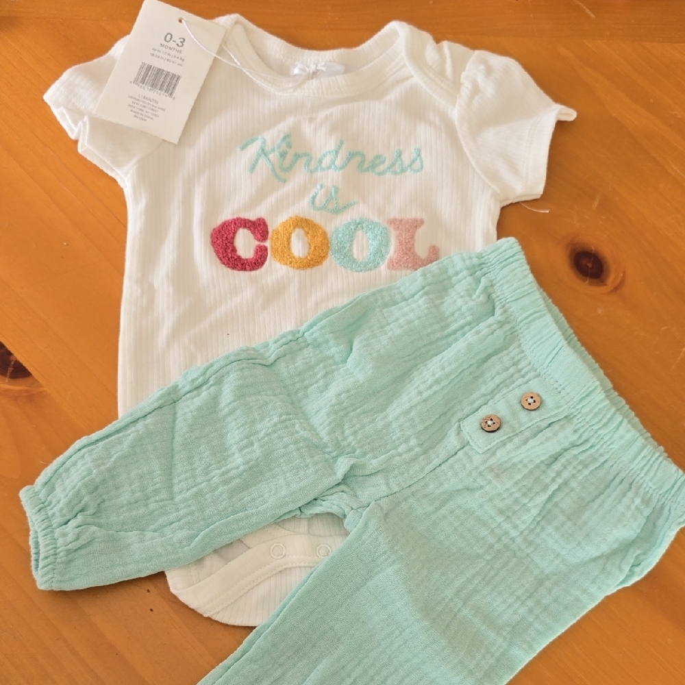 White and Mint Baby Outfit with Colorful Text